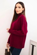 Sweter damski wiskozowy z prążkowanym półgolfem i luźnym fasonem bordowy