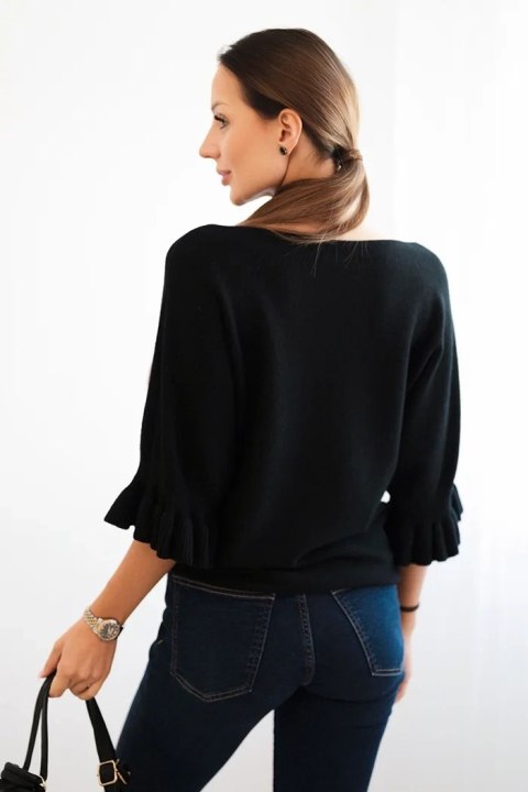 Sweter damski z ozdobnym mankietem czarny Sweter damski z ozdobnym mankietem czarny