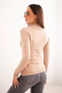 Sweter damski z wiskozy ze stójką i ozdobnymi guzikami na rękawach camelowy