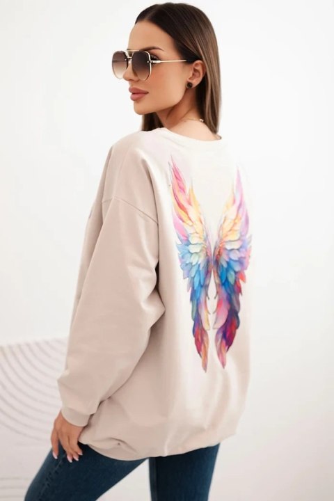 Bluza damska oversize z bawełny z kolorowymi skrzydłami na plecach beżowa Bluza damska oversize z bawełny z kolorowymi skrzydłami na plecach beżowa