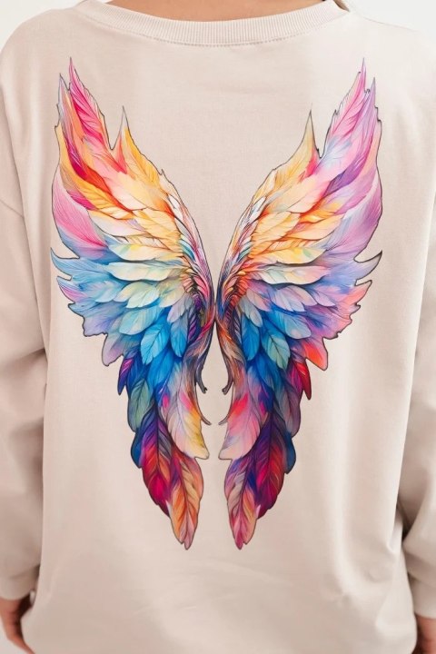 Bluza damska oversize z bawełny z kolorowymi skrzydłami na plecach beżowa Bluza damska oversize z bawełny z kolorowymi skrzydłami na plecach beżowa