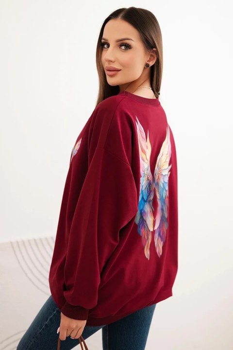 Bluza damska oversize z bawełny z kolorowymi skrzydłami na plecach bordowa Bluza damska oversize z bawełny z kolorowymi skrzydłami na plecach bordowa