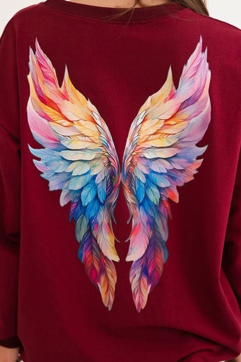 Bluza damska oversize z bawełny z kolorowymi skrzydłami na plecach bordowa Bluza damska oversize z bawełny z kolorowymi skrzydłami na plecach bordowa