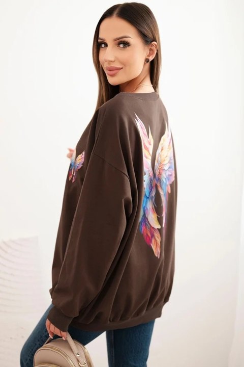 Bluza damska oversize z bawełny z kolorowymi skrzydłami na plecach brązowa Bluza damska oversize z bawełny z kolorowymi skrzydłami na plecach brązowa