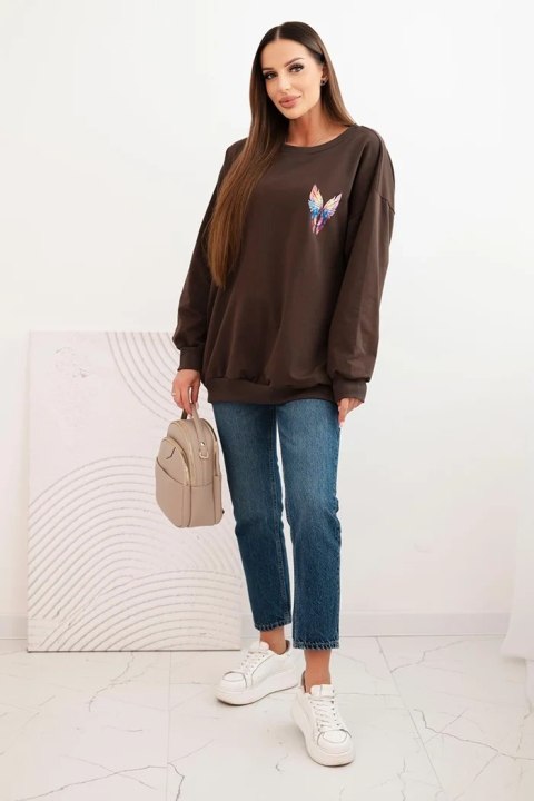 Bluza damska oversize z bawełny z kolorowymi skrzydłami na plecach brązowa Bluza damska oversize z bawełny z kolorowymi skrzydłami na plecach brązowa