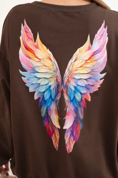 Bluza damska oversize z bawełny z kolorowymi skrzydłami na plecach brązowa Bluza damska oversize z bawełny z kolorowymi skrzydłami na plecach brązowa