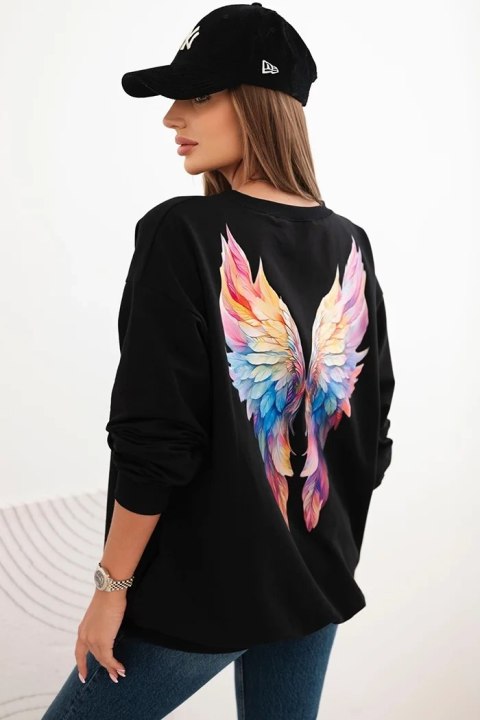 Bluza damska oversize z bawełny z kolorowymi skrzydłami na plecach czarna Bluza damska oversize z bawełny z kolorowymi skrzydłami na plecach czarna