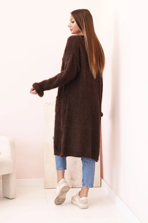 Kardigan damski z moheru o długim kroju z kieszeniami brązowy  