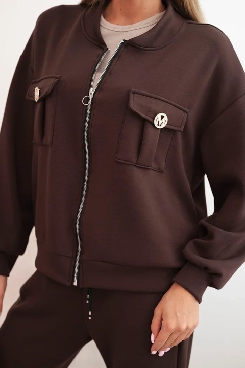 Komplet damski masełkowy z wiskozy z rozpinaną bluzą i spodniami brązowy  