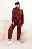 Komplet dresowy damski oversize z wiskozy z wydłużoną bluzą i efektem sprania bordowy