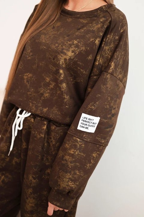 Komplet dresowy damski oversize z wiskozy z wydłużoną bluzą i efektem sprania brązowy Komplet dresowy damski oversize z wiskozy z wydłużoną bluzą i efektem sprania brązowy