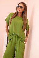 Komplet z wiskozy bluzka + spodnie oliwkowy