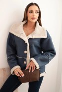 Kurtka damska Plus Size ocieplana z barankiem i guzikami krótki fason jeansowa