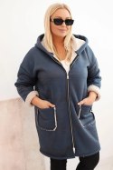 Kurtka damska Plus Size z kapturem i kieszeniami ocieplana barankiem jeansowa
