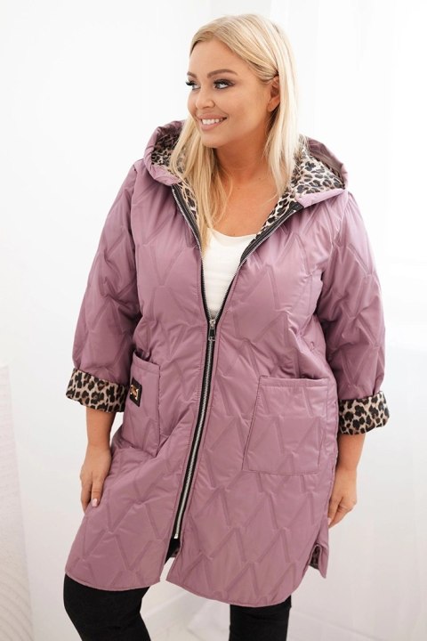 Kurtka damska pikowana Plus Size z podszewką w panterkę i kapturem ciemno różowa Kurtka damska pikowana Plus Size z podszewką w panterkę i kapturem ciemno różowa