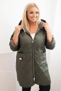Kurtka damska pikowana Plus Size z podszewką w panterkę i kapturem khaki