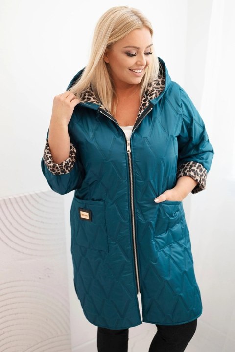 Kurtka damska pikowana Plus Size z podszewką w panterkę i kapturem morska Kurtka damska pikowana Plus Size z podszewką w panterkę i kapturem morska
