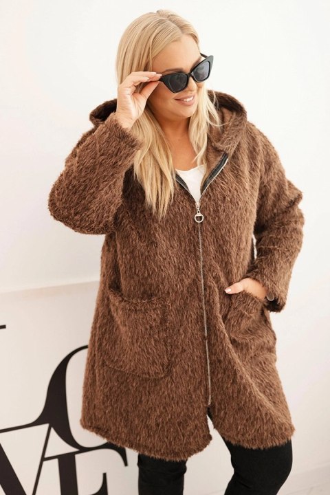 Płaszcz damski Plus Size z wiskozy zapinany na suwak z kapturem brązowy Płaszcz damski Plus Size z wiskozy zapinany na suwak z kapturem brązowy