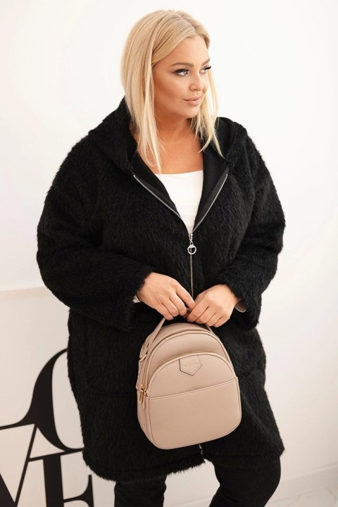 Płaszcz damski Plus Size z wiskozy zapinany na suwak z kapturem czarny Płaszcz damski Plus Size z wiskozy zapinany na suwak z kapturem czarny