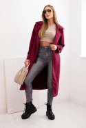 Płaszcz damski z zamszu wiązany w talii z kołnierzem i guzikami bordowy