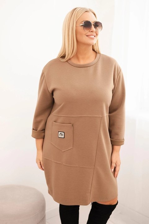 Sukienka damska Plus Size masełko z kieszenią i rękawem 3/4 camelowa Sukienka damska Plus Size masełko z kieszenią i rękawem 3/4 camelowa
