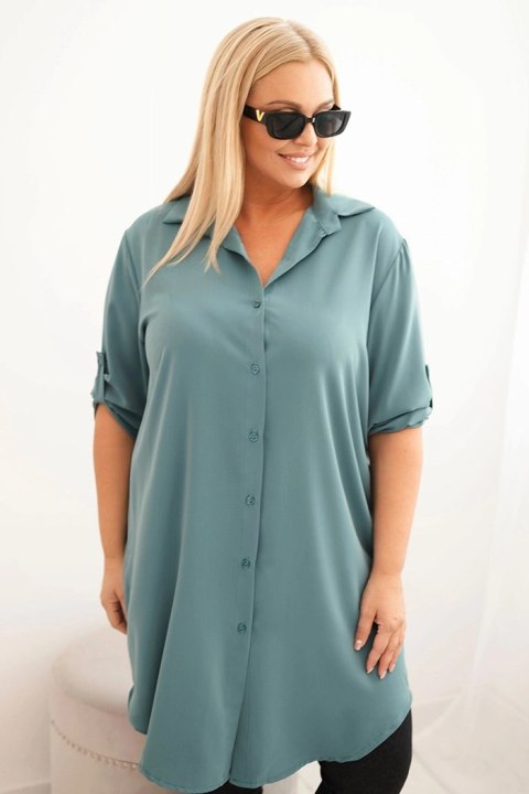 Sukienka damska koszulowa Plus Size z dłuższym tyłem i podwijanym rękawem ciemno miętowa Sukienka damska koszulowa Plus Size z dłuższym tyłem i podwijanym rękawem ciemno miętowa