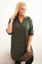 Sukienka damska koszulowa Plus Size z dłuższym tyłem i podwijanym rękawem khaki