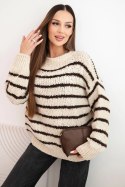 Sweter damski w paski z wełną o luźnym kroju beżowy