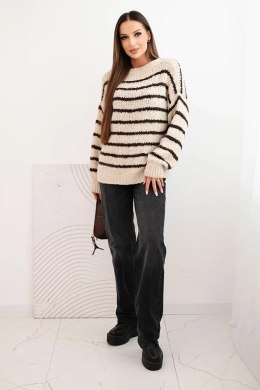 Sweter damski w paski z wełną o luźnym kroju beżowy
