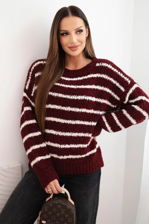 Sweter damski w paski z wełną o luźnym kroju bordowy Sweter damski w paski z wełną o luźnym kroju bordowy
