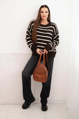 Sweter damski w paski z wełną o luźnym kroju brązowy