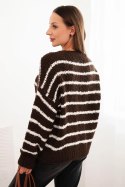Sweter damski w paski z wełną o luźnym kroju brązowy
