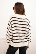 Sweter damski w paski z wełną o luźnym kroju ecru