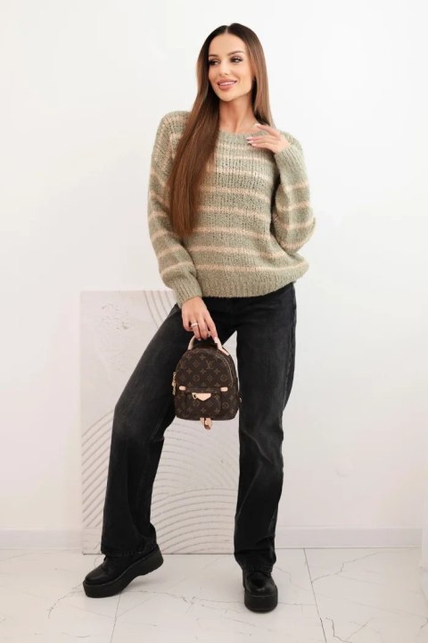 Sweter damski w paski z wełną o luźnym kroju khaki Sweter damski w paski z wełną o luźnym kroju khaki