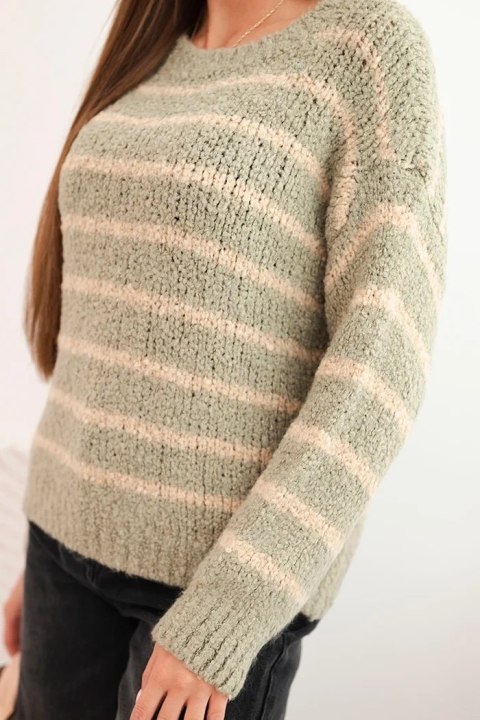 Sweter damski w paski z wełną o luźnym kroju khaki Sweter damski w paski z wełną o luźnym kroju khaki
