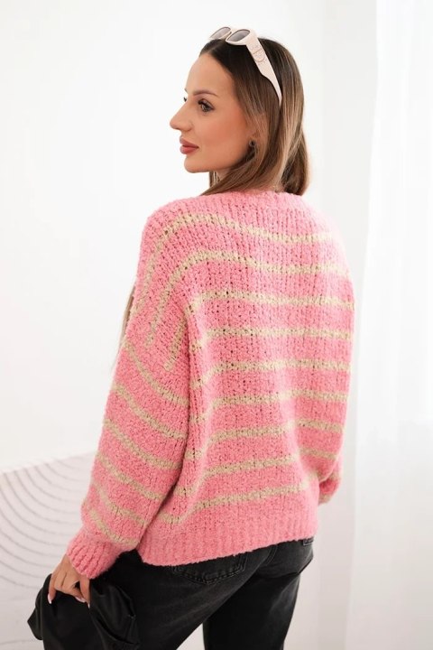 Sweter damski w paski z wełną o luźnym kroju różowy Sweter damski w paski z wełną o luźnym kroju różowy