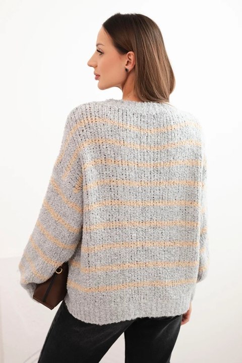 Sweter damski w paski z wełną o luźnym kroju szary Sweter damski w paski z wełną o luźnym kroju szary