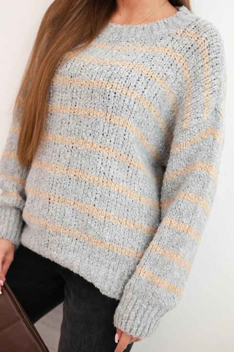 Sweter damski w paski z wełną o luźnym kroju szary Sweter damski w paski z wełną o luźnym kroju szary
