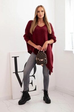 Sweter damski wełniany asymetryczny Plus Size z dekoltem V bordowy  
