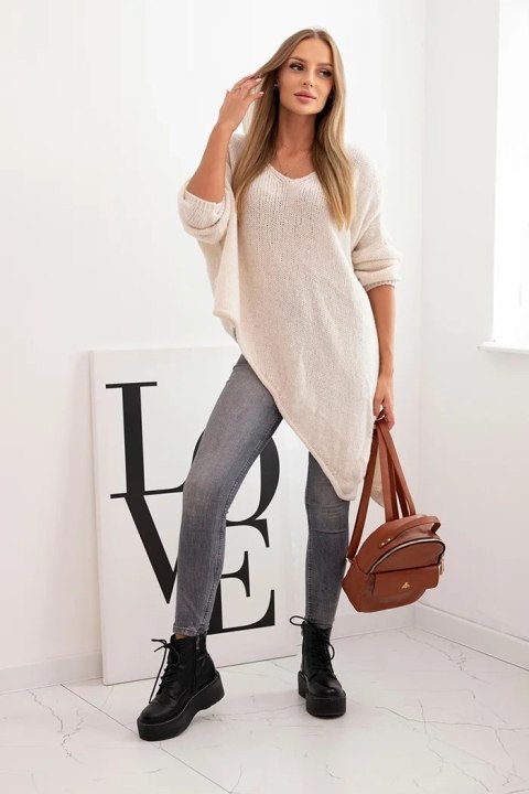 Sweter damski wełniany asymetryczny Plus Size z dekoltem V jasny beżowy  