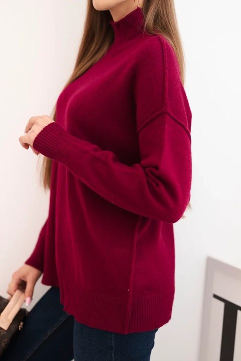 Sweter damski wiskozowy z prążkowanym półgolfem i luźnym fasonem bordowy Sweter damski wiskozowy z prążkowanym półgolfem i luźnym fasonem bordowy