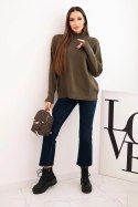Sweter damski wiskozowy z prążkowanym półgolfem i luźnym fasonem khaki