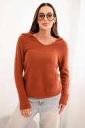 Sweter damski z baby alpaki z kołnierzem i dekoltem V rudy