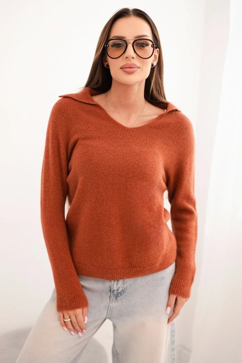 Sweter damski z baby alpaki z kołnierzem i dekoltem V rudy