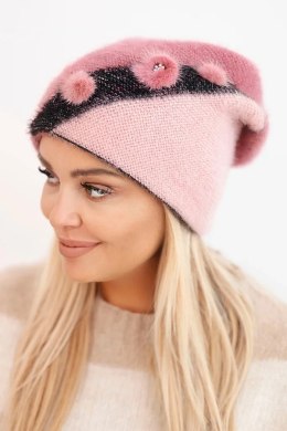 Czapka damska elegancka z futrzanymi ozdobami i brokatowym paskiem ciemno różowa