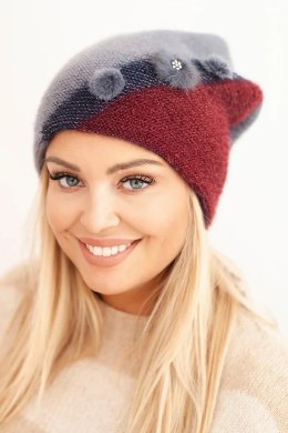 Czapka damska elegancka z futrzanymi ozdobami i brokatowym paskiem szara