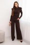 Komplet damski bawełniany z bluzką i spodniami z szeroką nogawką brązowy