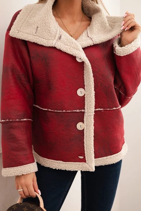 Kurtka damska Plus Size ocieplana z barankiem i guzikami krótki fason bordowa Kurtka damska Plus Size ocieplana z barankiem i guzikami krótki fason bordowa
