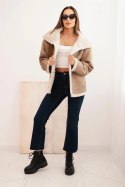 Kurtka damska Plus Size ocieplana z barankiem i guzikami krótki fason camelowa
