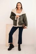 Kurtka damska Plus Size ocieplana z barankiem i guzikami krótki fason khaki